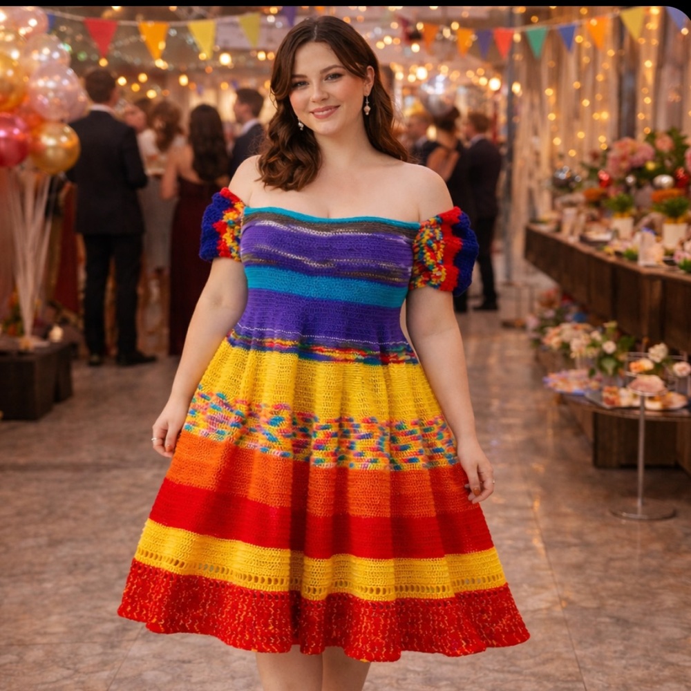 Handmade Crochet Multicolor Rainbow Off-the-Shoulder Balloon Sleeve Maxi Dress